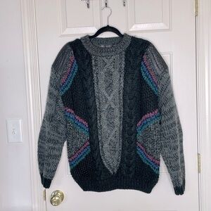 Vintage Street Scenes XL Cable Knit Sweater Leather Shoulder Patches 80s 90